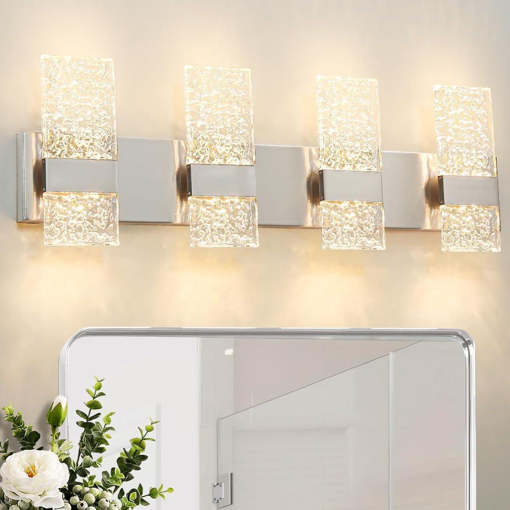 Modern Brushed Nickel 8-Lights Bathroom Vanity Light, Eleglant Nickel LED Bathroom Light Fixtures over Mirror, Dimmable Acrylic Shade Wall Lighting Fixtures, Hardwired Wall Light(H9.25in, L28.35in)