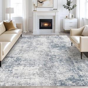 Kakania Abstract 9x12 Area Rugs for Living Room: Washable Rugs Blue Grey | Soft, Non-Slip, Low-Pile, Pet & Kid Friendly - Large Modern Home Decor Carpet for Bedroom/Dining Room/Office/Nursery