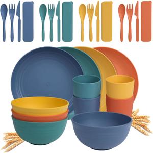 Idealic 28-Piece Wheat Straw Dinnerware Set for 4, Microwavable Dishes Dishwasher Safe Unbreakable Dinnerware Set, Dinner Plates,Snack Bowls, Camping Cups, Reusable Kitchen Set, Colorful