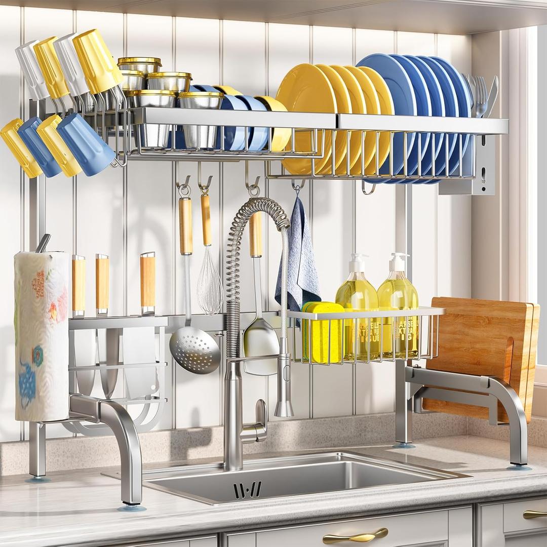 Over The Sink Dish Drying Rack, Adjustable (25.5 to 33.5 inch) 2 Tier Metal Steel Dish Drying Racks for Kitchen Counter with Hooks Paper Towel Utensil Cup Holder Sink Caddy (Silver)