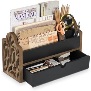 Dhmkfly Desk Organizer with Drawer Wood File Office Mail Organizer Countertop-5 Slot Tabletop Storage Pen Organizer Letter Holder for School Home Office Supplies