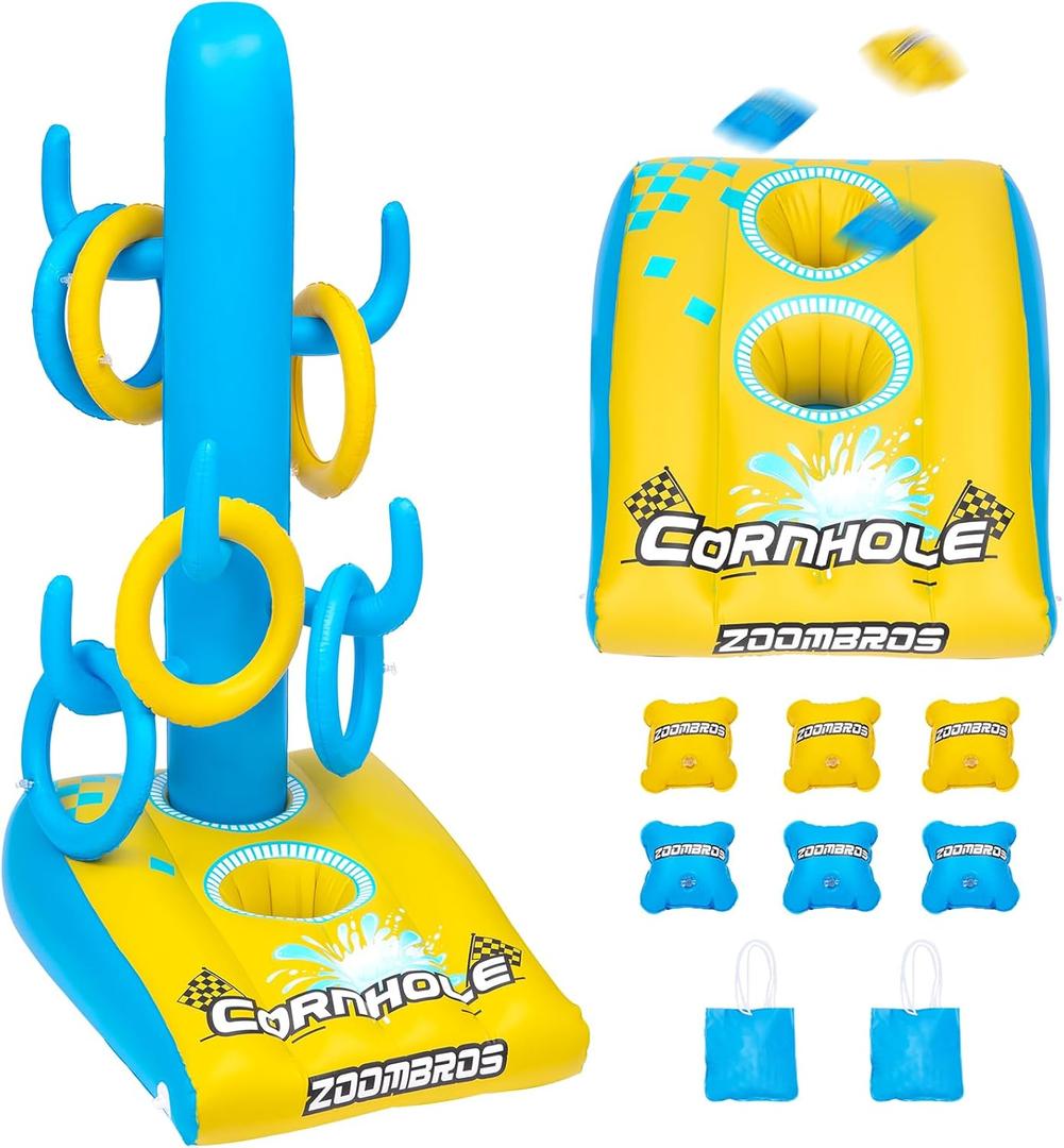 2in1 Cornhole, 6 Bean Bags & Ring Toss with Anchor Bags, Inflatable Cornhole Pool Game Floating, Pool Toys for Adults Teens and Family (yellow)