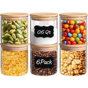 20oz 6PCS Round Airtight Glass Food Storage Jars, Clear Glass Food Container with Bamboo Lid, Stackable Spice Jar, Small Kitchen Storage for Sugar, Tea, Coffee bean, Pasta, Oat, Spice