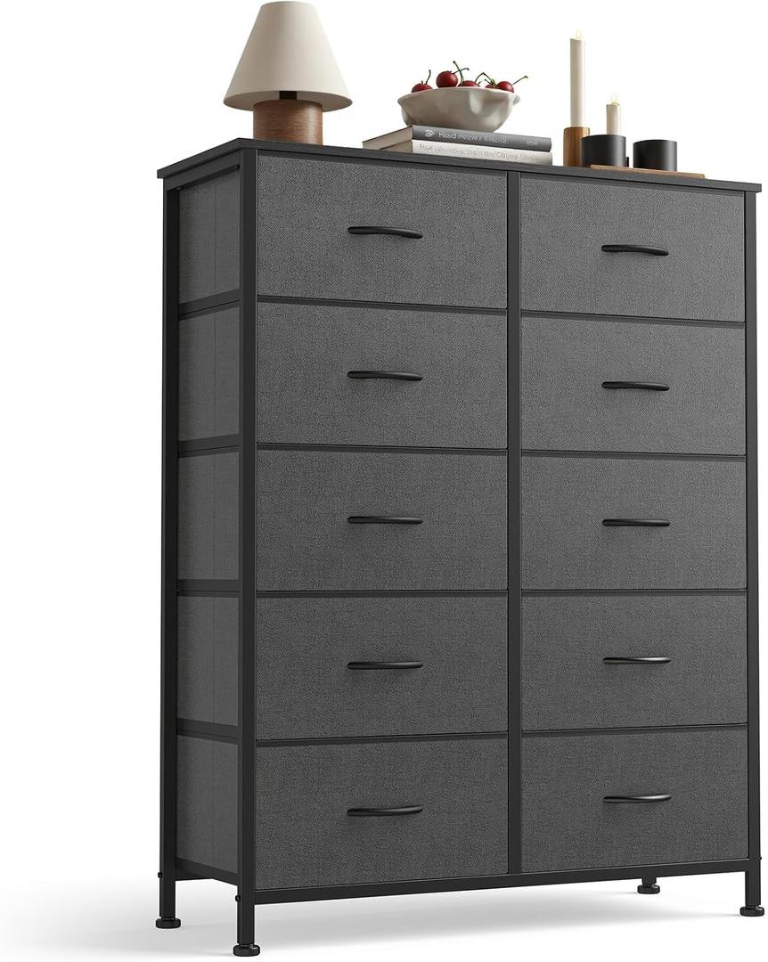 Sweetcrispy 10 Drawer Dresser, Tall Fabric Dresser for Bedroom, Storage Tower with Bins Chest Organizer Unit for Closet, Hallway, Steel Frame Wood Top, Easy Pull Handle, Grey