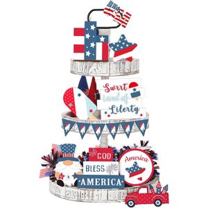 FairySandy 15 Pcs Memorial Day Decorations 4th of July Patriotic Tiered Tray Decor 250th Anniversary Farmhouse Wooden Signs American Flag Red White and Blue Decor for Independence Day Birthday Party