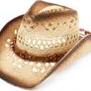 Men Women Cowgirl Straw Western Cowboy Hat (One Size, Brown Bead-beige)