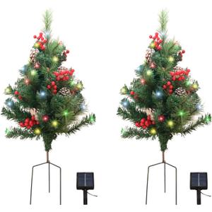 2 Pcs Solar Light Outdoor Mini Christmas Tree, 2.5ft, Ground Christmas Tree, Outdoor Xmas Decorations for Entrance Driveway, Porch, Yard, Garden, Red Berries, Pine Cones