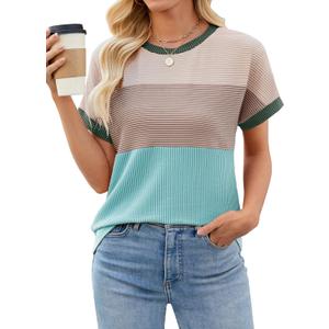 Womens Color Block T Shirts Tops Fashion Short Sleeve Crewneck Knitted Spring Summer Casual Loose Fit (XL, Green)