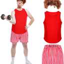 3 Pcs Halloween 80s Men Workout Costume Set Include Tank Top Shorts Afro Wig for Halloween Cosplay Party Adult (X-Large)