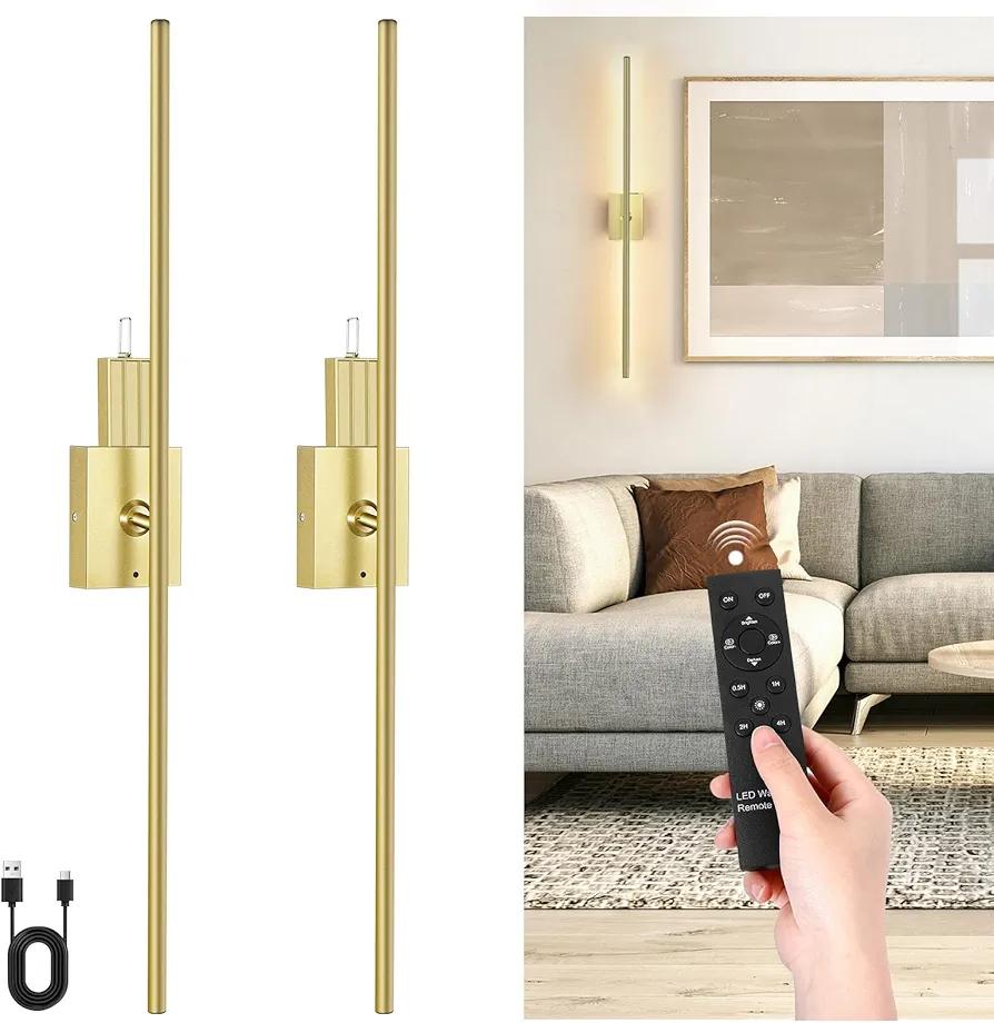 Battery Operated Wall Sconce, Set of Two Dimmable Battery Removable Wall Lamp, 4 Color Temperature LED Rechargeable Wall Sconce, 31.5 in Wall Light for Bedroom, Hallway-Gold