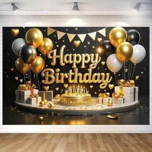 Luxurious Black Gold Happy Birthday Backdrop Banner Black Gold Photography Background for Home Outdoor Birthday Party Decoration Supplies 70.8 x 47.2 Inch