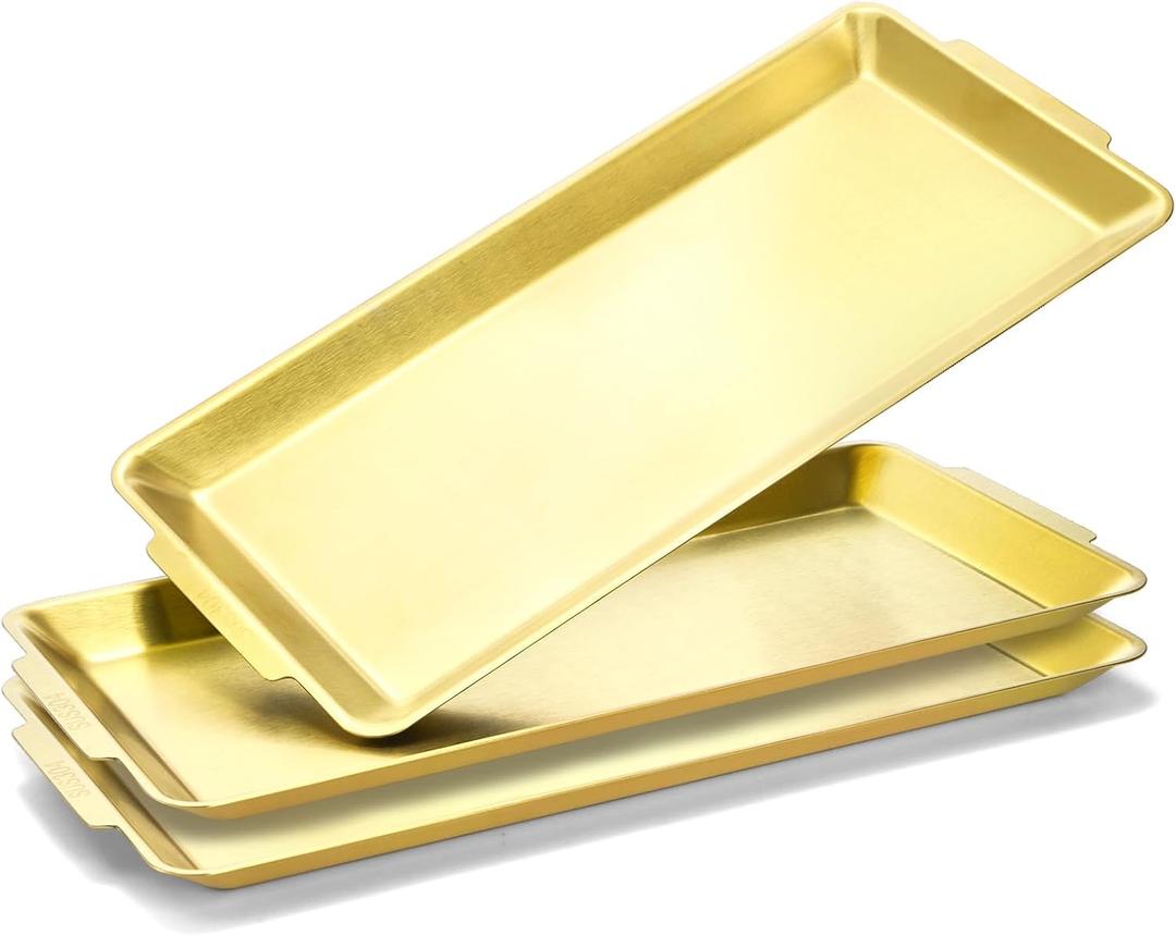 ZENFUN 3 Pack 304 Stainless Steel Serving Platters, 12.6" Rectangle Metal Dinner Plates with Handles, Decorative Organizer Trays for BBQ, Dining, Party, Buffet, Appetizer Serving(Gold)