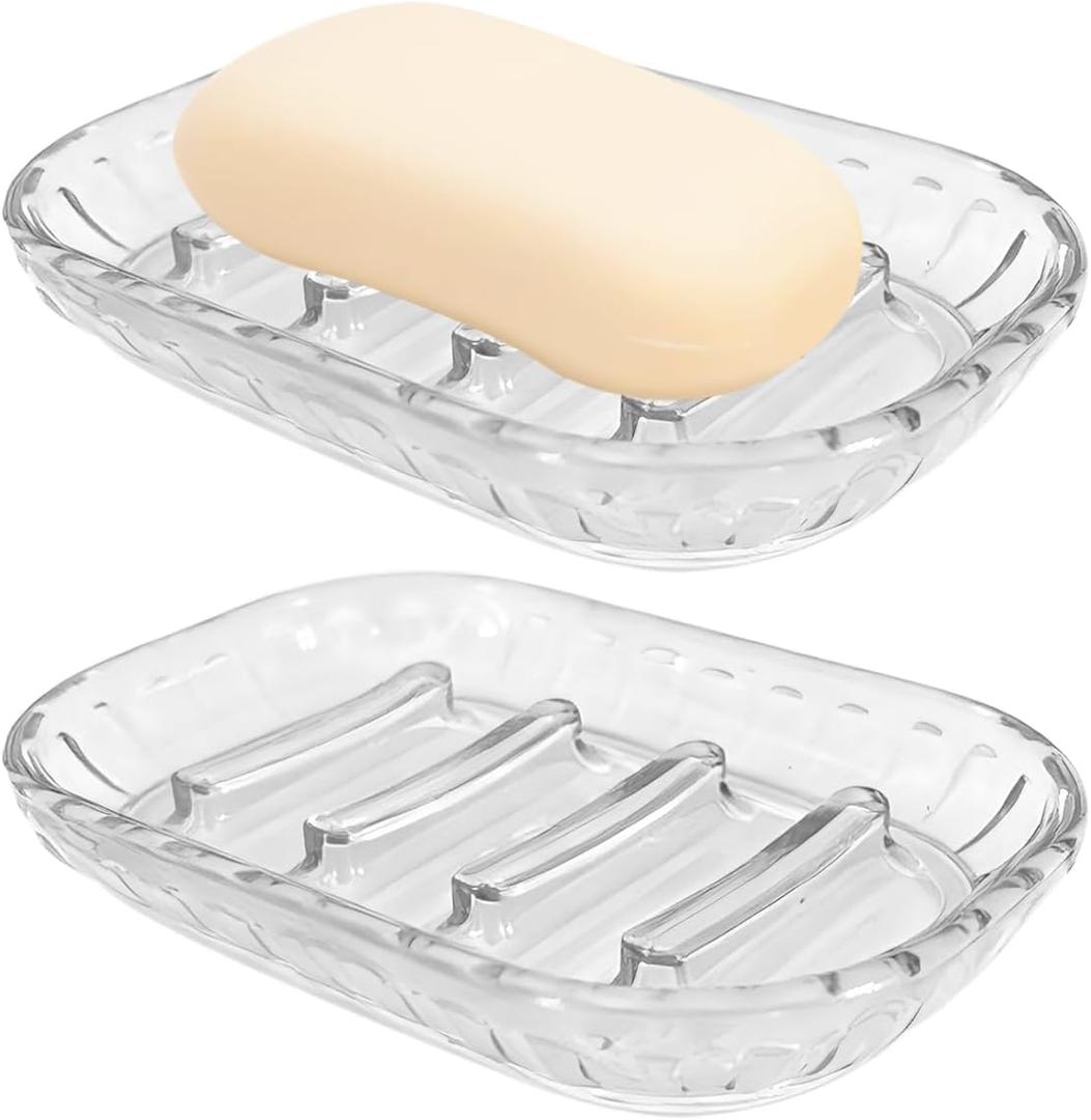 AMUONTY 2 Pack Soap Dish Holder for Bar Soap, Bathroom Soap Dishes Bar Soap Holder Tray, Soap Dishes for Shower Bathroom, Kitchen Sink Soap Dish, Clear