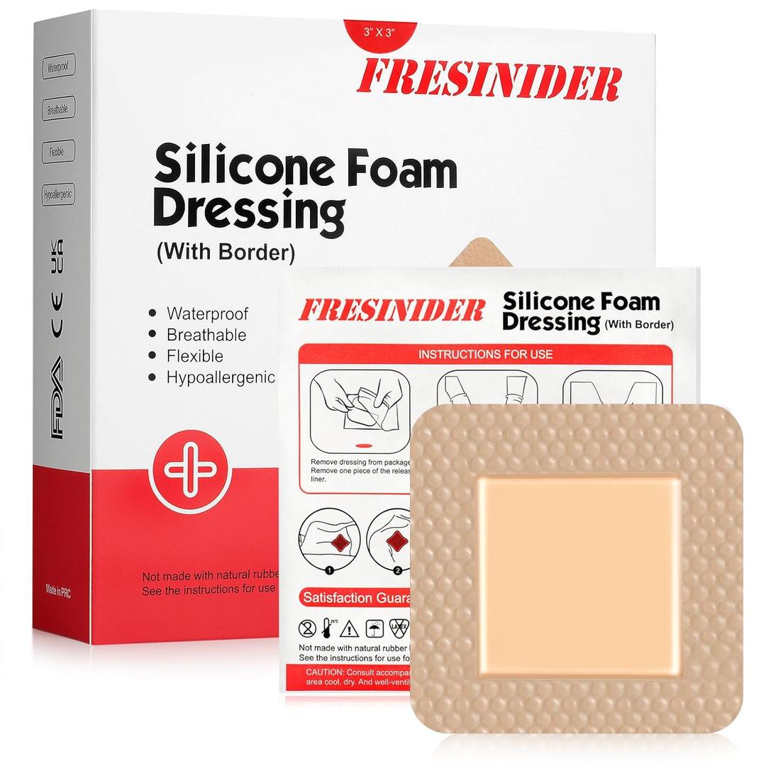 Silicone Foam Dressing with Adhesive Border  Wound Dressing Bandage  Silicone Foam Pad  Pack of 10  3 x 3 Inches Large Waterproof Bandages  Self Adhesive Wound Care and Dressings (3" x 3", 10 Pack)