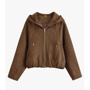 Women Hooded Faux Suede Bomber Jacket Front Zipper Long Sleeve Casual Autumn Winter Short Coat, Small