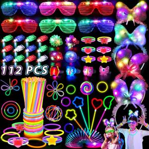 112PCS Glow in the Dark Party Supplies for Kids Adults, Light Up Party Favors with Light Up Glasses, 50 Glow Sticks Bulk Pack for DIY Bracelets Necklaces, Neon Party Supplies Decorations for Halloween