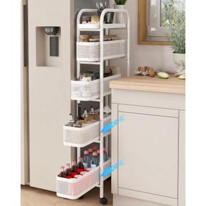 UMDONX Slim Storage Cart 5 Tier with Pull Out Basket Bathroom Organizer Rolling cart, Rolling Utility Cart Slide Out Organizer for Kitchen, Bathroom, Laundry White