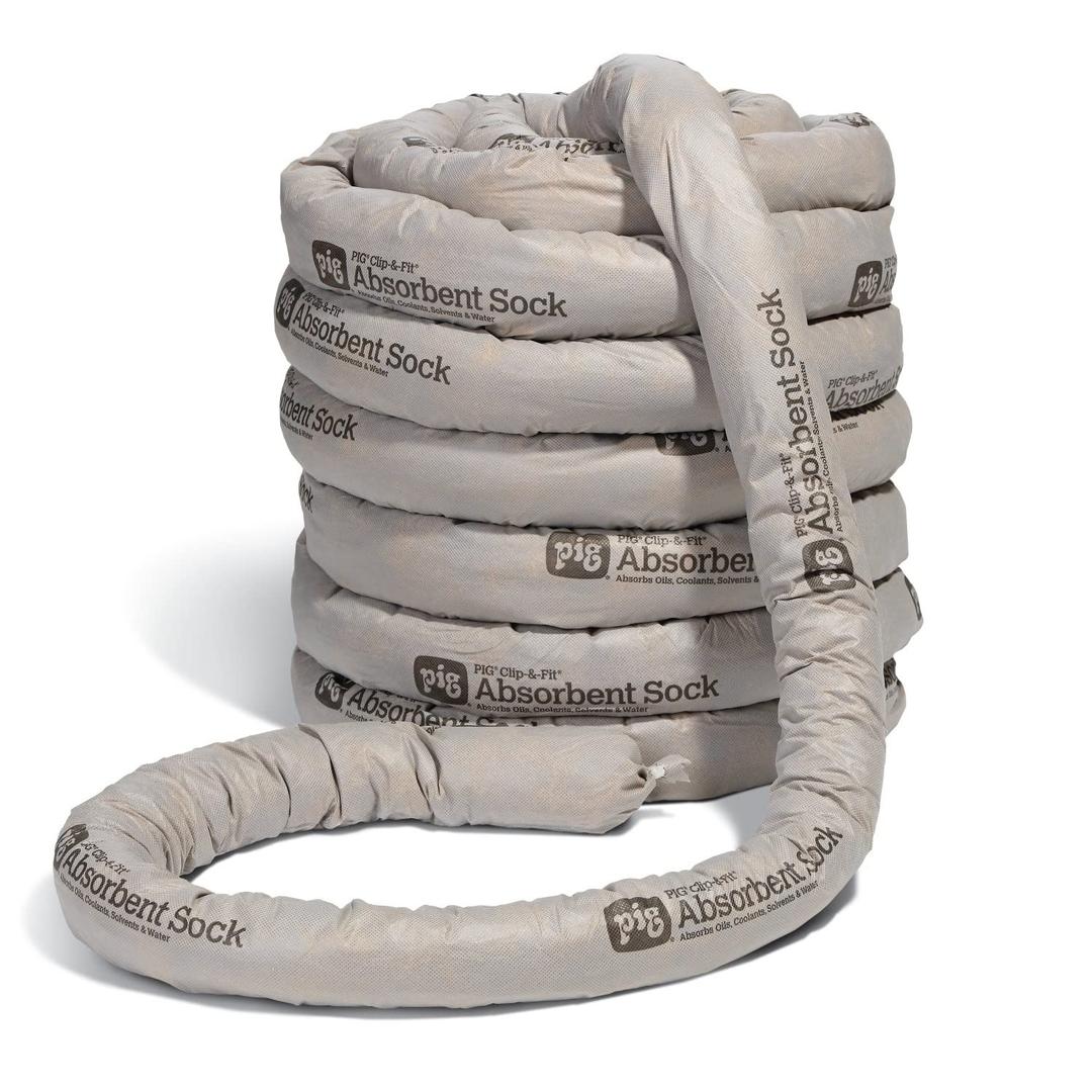 PIG Clip-&-Fit Absorbent Sock, 8 Gal Absorbency, Create Your Own Custom Lengths, 2" Dia x 120' L, Gray, PIG219