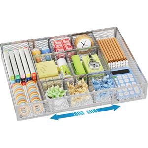 Marbrasse Expandable Desk Drawer Organizer, Mesh Tray with 10 Adjustable Compartments, Desk Organizers for Office Supplies, Makeup & Vanity (Expandable-Silver)