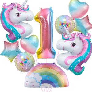 Unicorn Birthday Decorations for Girls, 10pcs Unicorn Balloons Set with Rainbow, Heart and Number 1 Foil Balloons for 1st Birthday Party Decorations