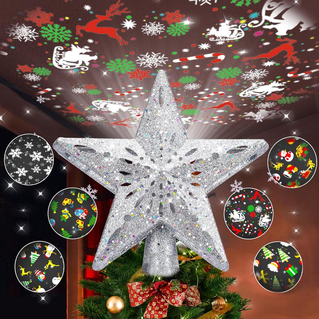 Winpull Christmas Tree Topper Lighted with 6 Pattern Projection Modes, Christmas Star Tree Topper Built-in LED Rotating Lights, Silver 3D Glitter Dynamic Projector for Christmas Decorations