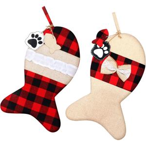 Skylety 2 Pieces Pet Christmas Stockings Buffalo Plaid Burlap 15 Inch Large Fish Shaped Bow Cat Christmas Stockings for Xmas Tree Home Holiday Party Decorations