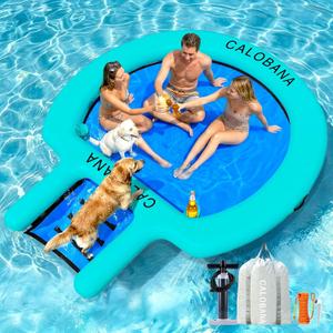 CALOBANA Water Hammock with Dog Boat Ramp, Inflatable Round Floating Ring for Adults Pets Heavy Duty Floating Dock Tanning Pool Lounger Float Island Platform for Pool Sea River Dock Boat Party, Size: 8ft