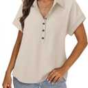 Bebonnie Women's Button Down Shirts Short Sleeve Dress Shirts Collared Work Office Blouses (Beige)