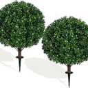 27.5" Artificial Boxwood Topiary Ball Tree, Set of 2 Fake Bushes Shrubs with Ground Spike, UV Resistant Faux Evergreen Boxwood Trees for Front Porch Planters Outdoor Garden Decor