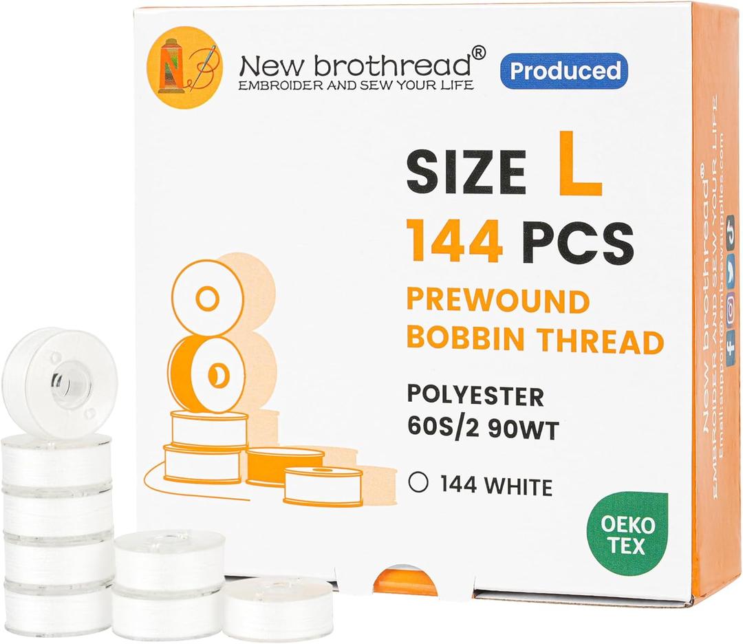 New brothread 144pcs Type L (SA155) Size White Prewound Bobbin Thread Plastic Side for Commercial & Home Embroidery and Sewing Machines - 90 Weight Cottonized Soft Feel Polyester Sewing Thread