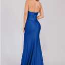 LAGSHIAN Women's Elegant V Neck Halter Backless Bodycon High Split Ruched Long Formal Evening Dress (Blue, XL)