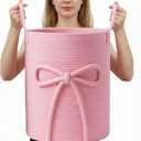 Glooglitter Pink Bow Laundry Basket Large Cotton Rope Storage Basket 16'' x 22'' Woven Laundry Hamper with Handles for Clothes Blanket Pillow Towels Living Room Bathroom Decor