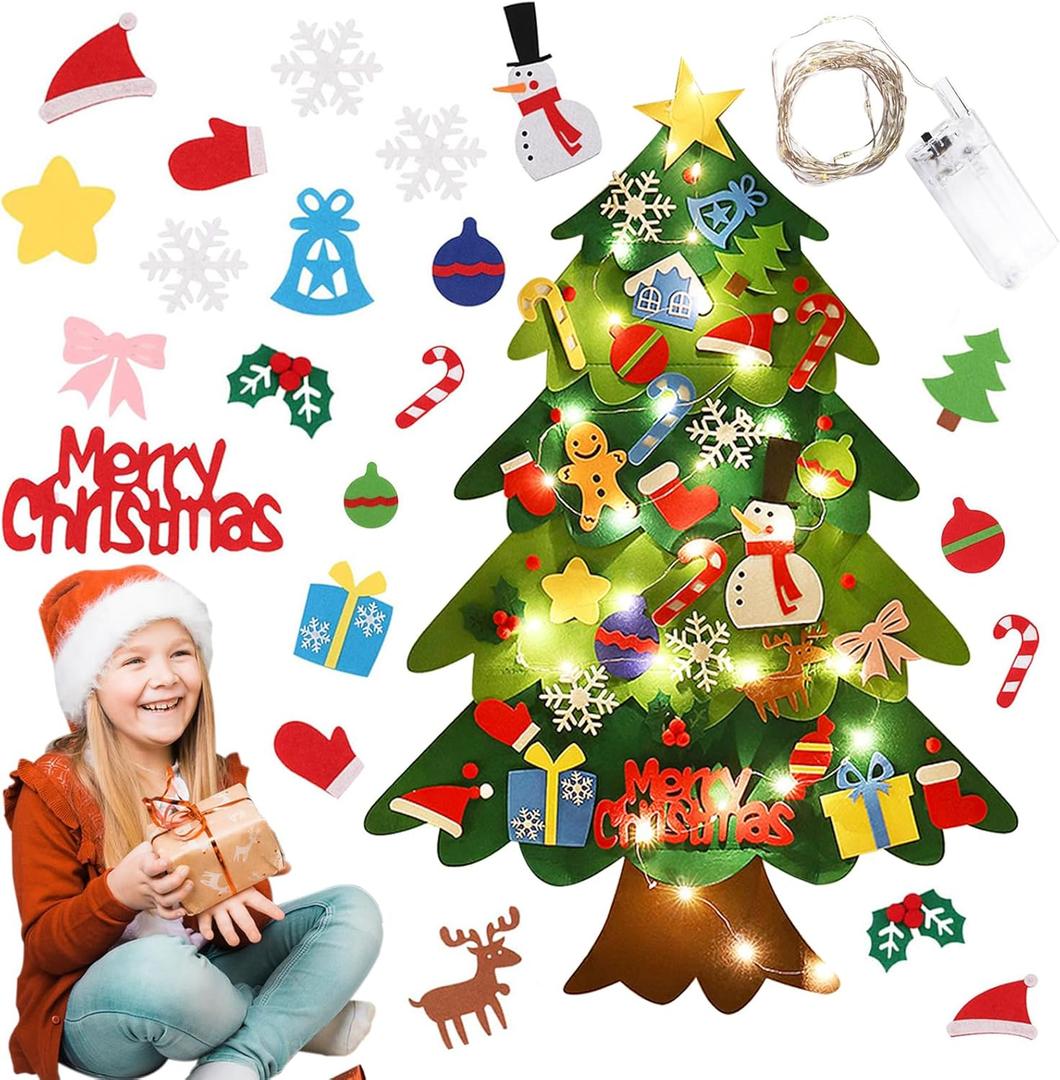 Felt Christmas Tree Set, 3.2ft Wall Hanging DIY Christmas Tree with LED Light Strings Detachable Ornaments DIY Felt Tree Craft Kits for Xmas Gifts Home Door Decoration
