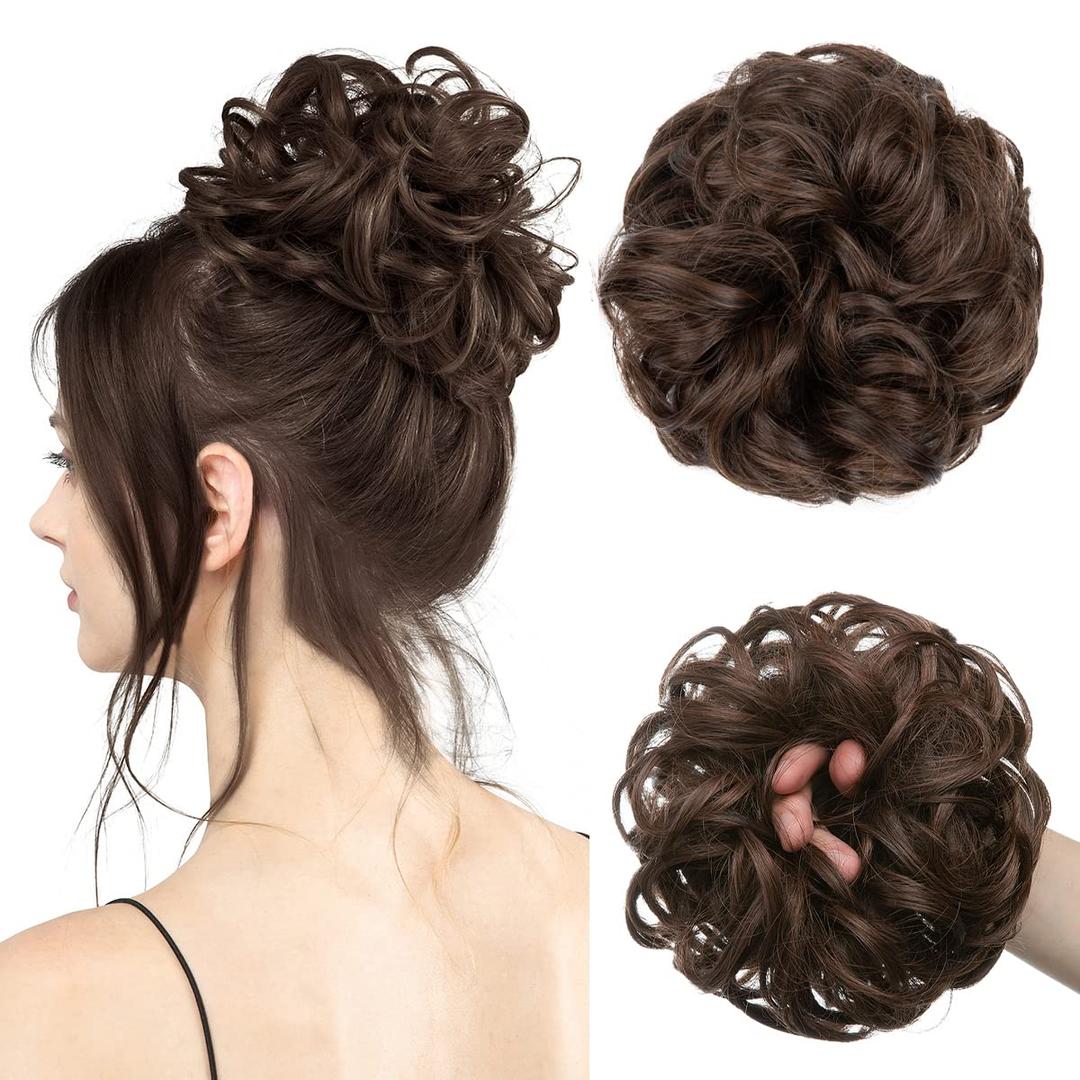 Large Messy Bun Hair Piece Wavy Curly Scrunchies Synthetic Chignon Ponytail Hair Extensions Thick Updo Hairpieces for Women Ginger Brown