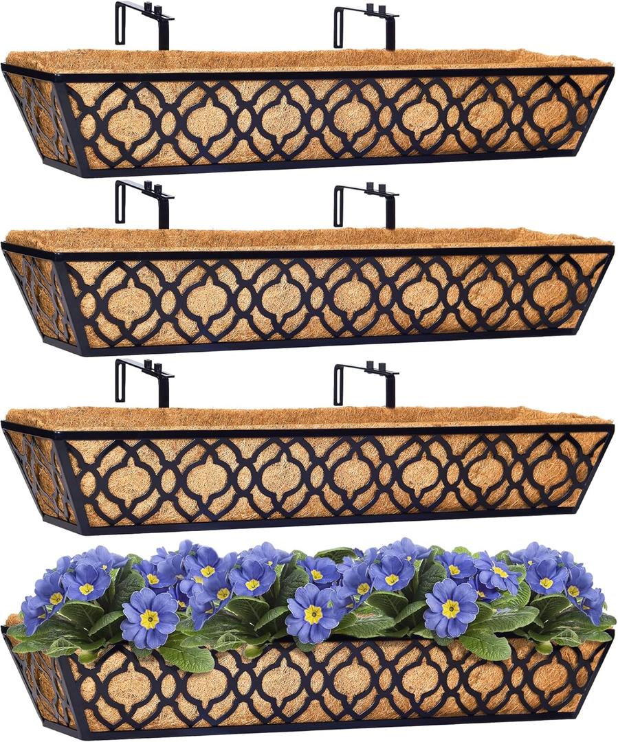 Y&M 30 inch Window Planter Box 4Pcs Iron Window Deck Railing Planter with Coco Liner, Metal Horse Troughs Fence Planter for Outdoor Balcony Rail Fence Porch Patio