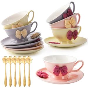 ICHAG Tea Cups and Saucers Set, Tea Cups Set of 6,18-Piece 8oz Vintage Porcelain Teacup and Saucer Set with Golden Spoon and Bowknot, Coffee Cup Set for Women's Tea Party, Home Office Gifts
