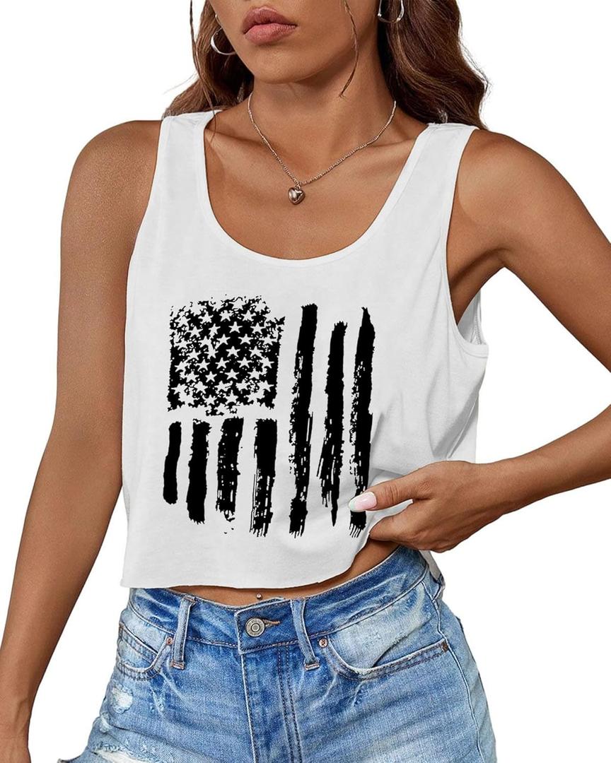 Aluvee USA 4th of July Tank Tops Women Red White and Blue Shirts Tank Tops American Patriotic Flag Crop Sleeveless Tee (White, L)