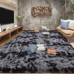 Tepook Area Rugs 9x12 for Living Room, Super Soft Fluffy Rugs for Bedroom, Modern Shaggy Rug Fuzzy Carpets for Kids, Plush Indoor Nursery Home Decor Rug with Non-Slip Bottom, Tie-Dyed Dark Grey