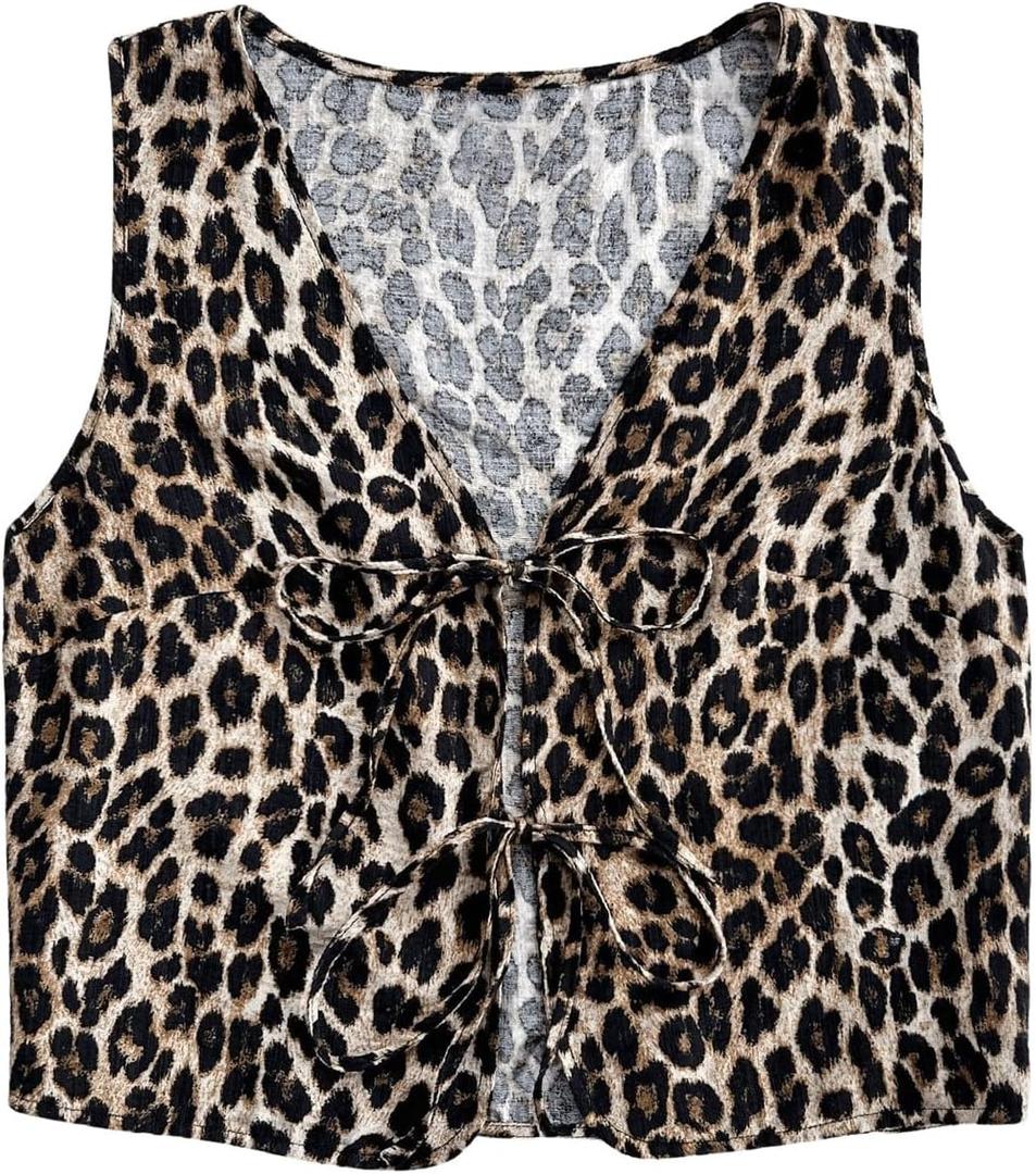 WDIRARA Women's Leopard Print Bow Tie Front Vest Sleeveless V Neck Crop Tank Top, S
