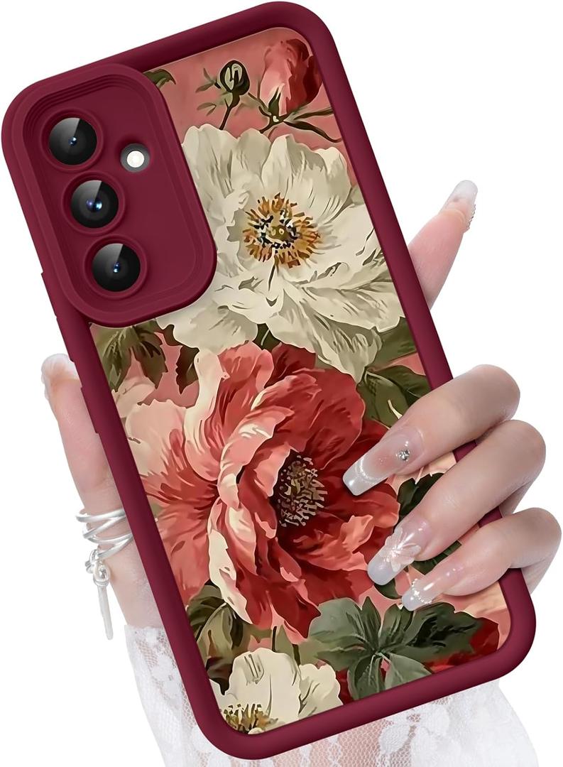 for Samsung Galaxy A54 5G Case, Creative Flower Pattern Design Girls Women Liquid Silicone Cover, Thicker Frame Shockproof and Scratch-Resistant Soft Case for Samsung A54 - Floral Crimson
