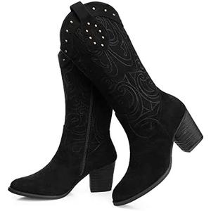 SHIBEVER Cowboy Cowgirl Boots for Women: Wide Calf Western Pointed Toe Chunky Heel Suede Embroidered Mid Calf Boot, Black, 36