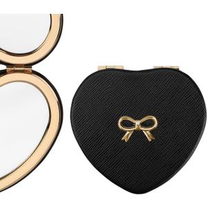 Compact Mirrors, Leather Folding Travel Mirror for Purse, Double Sided Handheld Mirrors, Portable Heart Shape Makeup Mirrors Gift for Girls Women Mothers (Black) (Bow)