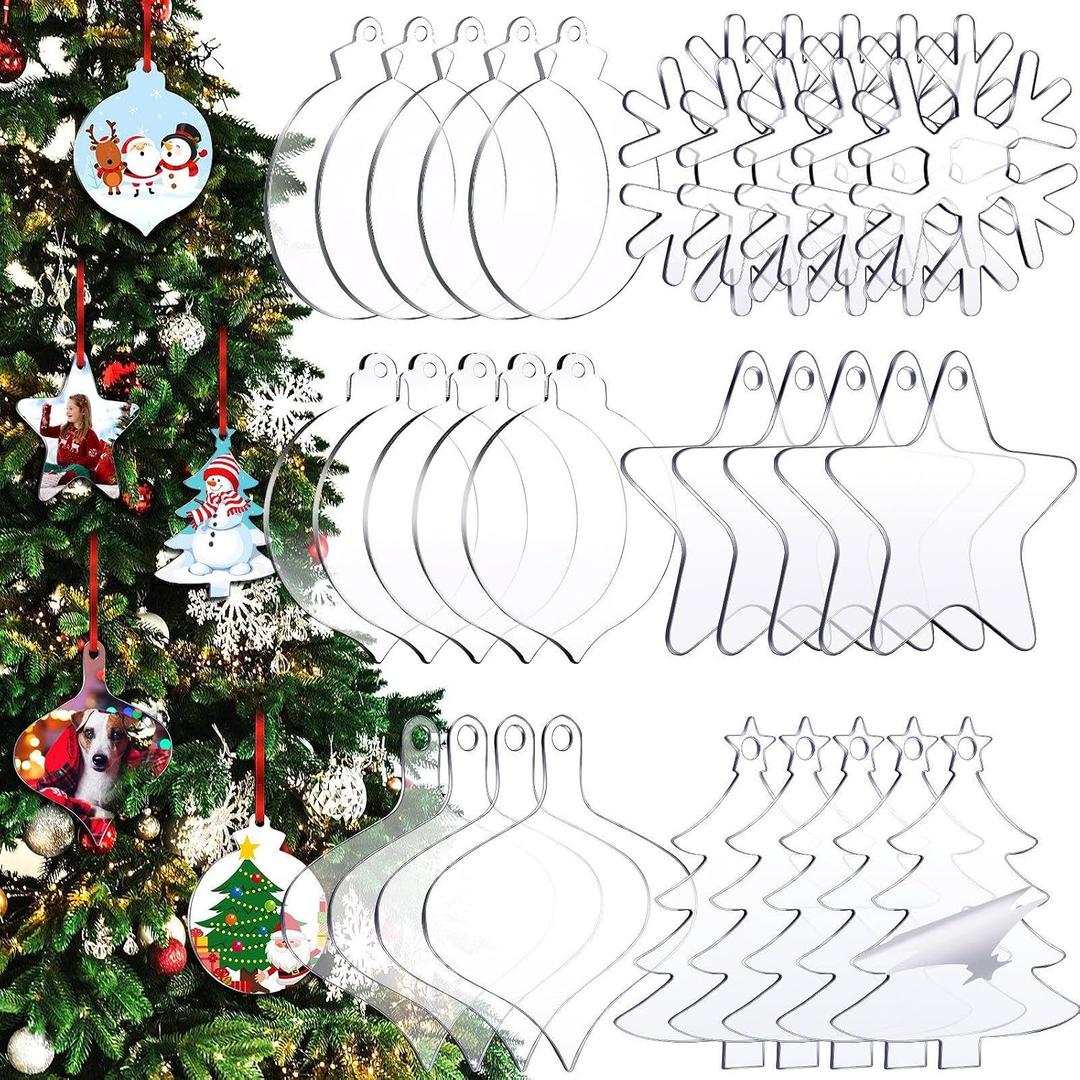 Blulu 48 Pieces Christmas Clear Acrylic Ornament Blanks 3 Inch Acrylic Flat Disc Ornaments 0.06 Inch Thick DIY Christmas Crafts Xmas Tree Decorations Hanging Heart Bell Star Decorations(Simple Style)