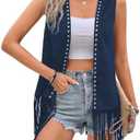 Verdusa Women's Fringe Vest Cardigan 70s Hippie Rivets Tassel Sleeveless Studded Jacket M