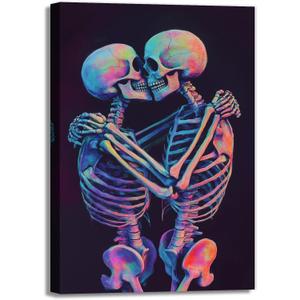 Skeleton Wall Art Kissing Skull Art Poster Skeleton Lover Picture Print On Canvas Abstract Horrible Theme Painting Framed Artwork Living Room Decor(Artwork-3,12"x18")