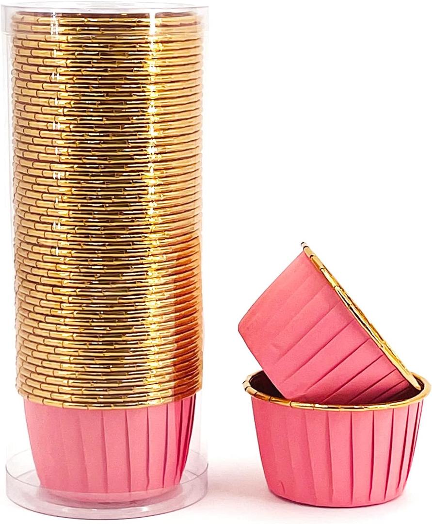 Party Hippo Foil Muffin Liners, 3.5 Oz 50 Pcs Disposable Cupcake Baking Cups, Gold Aluminum Ramekin Holders, Little Baking Cups (Pink)