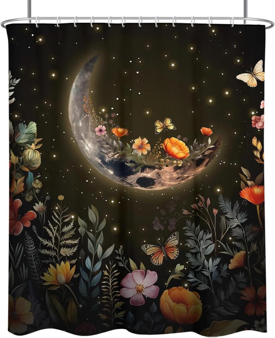 Moon Shower Curtain Large Extra Long Moonlit Floral Witchy Witch Black Night Starry Plant Gothic Goth Fabric Cloth Bathroom Decor Set 72x84 inch Polyester Waterproof 12 Hooks