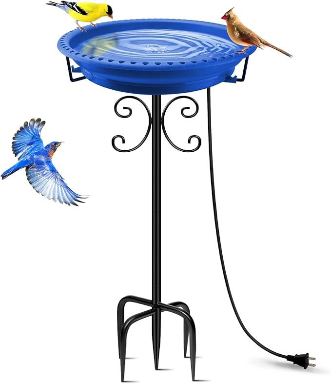 Heated Bird Baths for Outdoors,Upgraded 100W Thermostat Control Heated BirdBaths for Winter with Metal 5 Prong Base Heated Bird Bath for Outside Winter Garden Yard Patio Lawn (Blue)