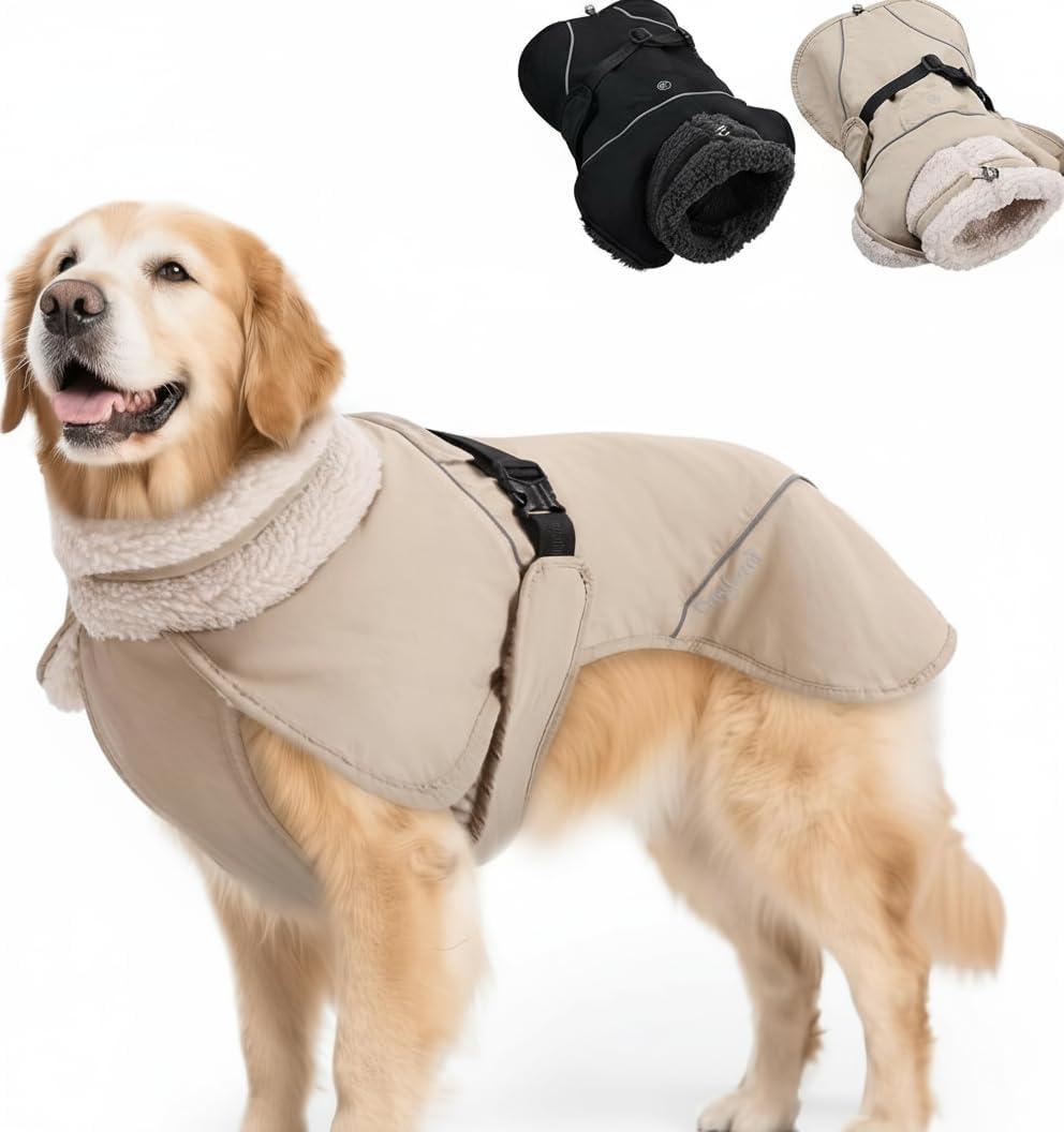 Adjustable Dog Coat with Harness Slot, Waterproof Fleece Lined Winter Jacket, Windproof Reflective Pet Vest for Cold Weather for Medium Dogs (Beige, Medium)