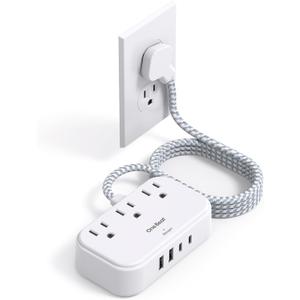 One Beat 1 Pack Cruise Essentials,5 Ft Flat Extension Cord, 3 Outlets 4 USB Ports(2 USB C) Flat Plug Power Strip,USB Charging Station with Non Surge Protector for Cruise Ship,Travel,Dorm Essentials (White)